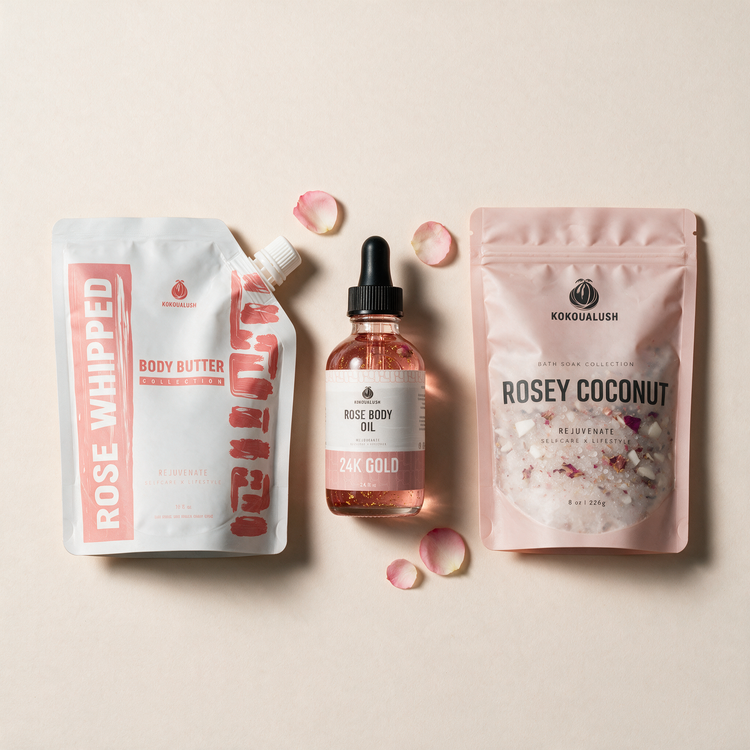 Rose Trio contents: Rose Whipped butter, Rose 24K Gold oil, Rosey Coconut soak