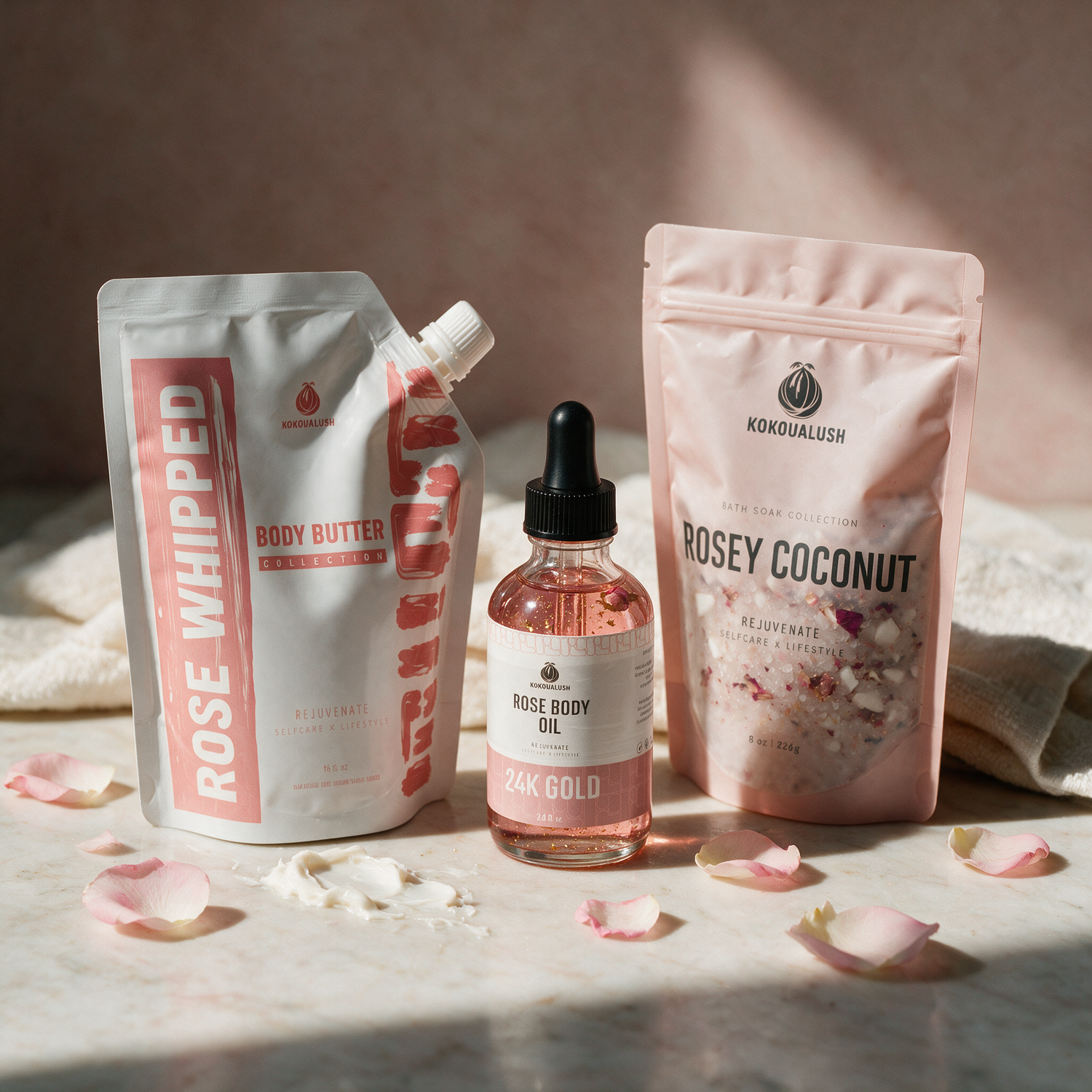 Rose Trio ritual on a sunlit marble vanity with rose petals