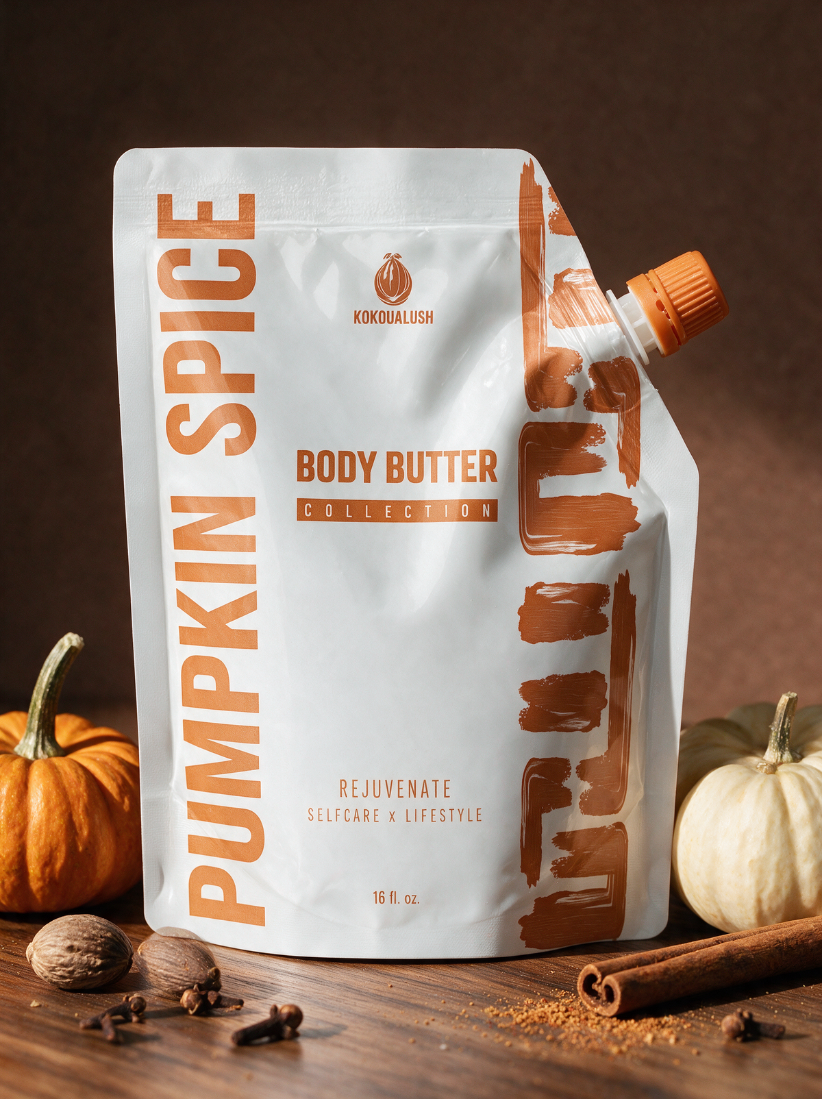 Kokoualush Pumpkin Spice whipped body butter 16 oz spout pouch with pumpkins and spices