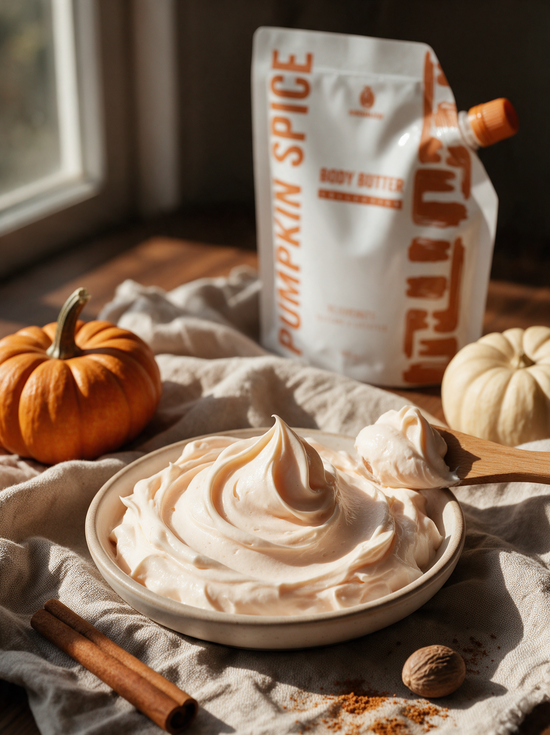 Fluffy whipped Pumpkin Spice body butter swirl with pumpkins, cinnamon and nutmeg