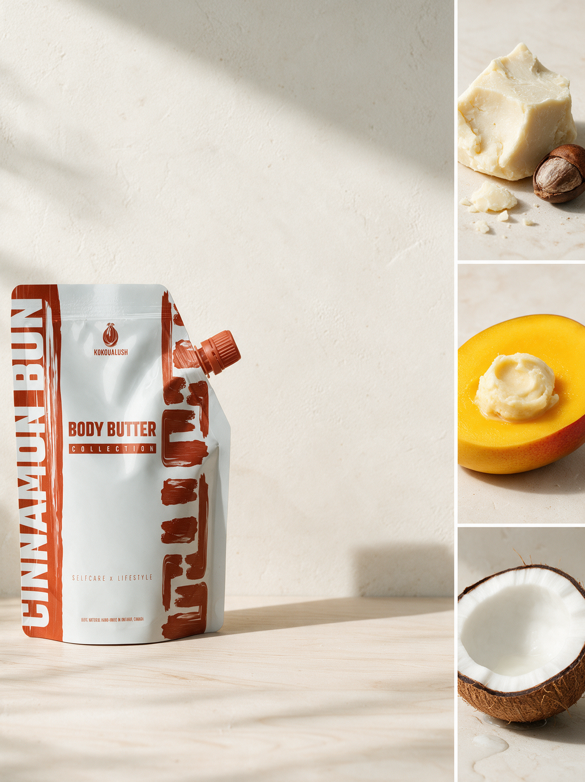 Cinnamon Bun body butter ingredients: shea butter, mango butter and coconut oil