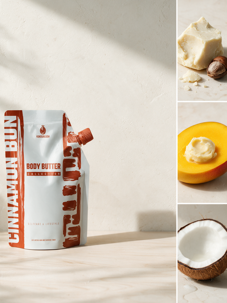 Cinnamon Bun body butter ingredients: shea butter, mango butter and coconut oil