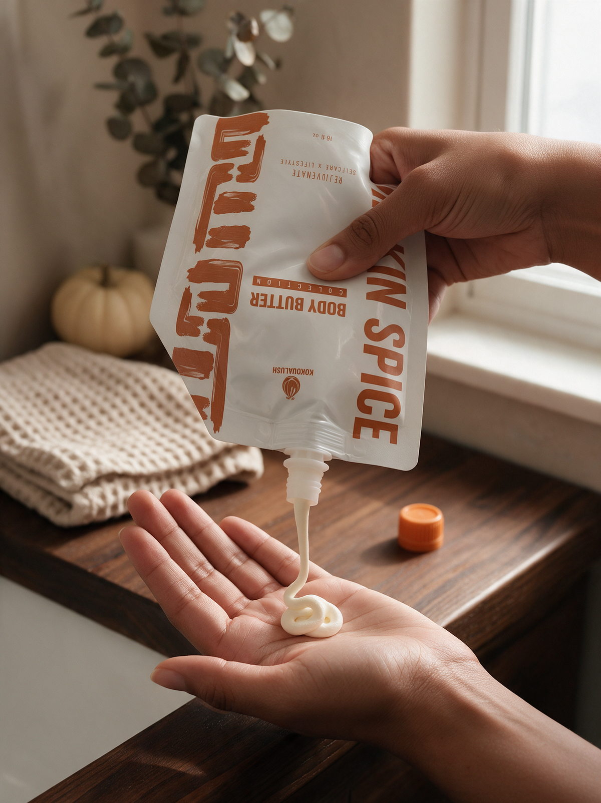 How to use: squeezing Pumpkin Spice body butter from the spout into your palm