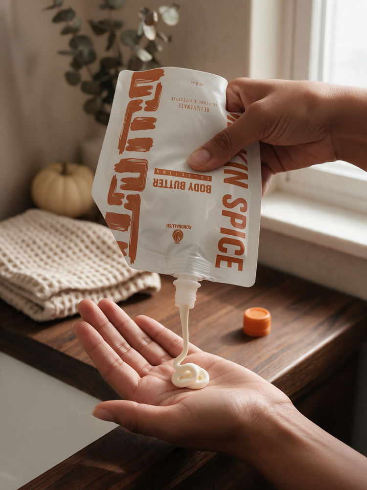 How to use: squeezing Pumpkin Spice body butter from the spout into your palm