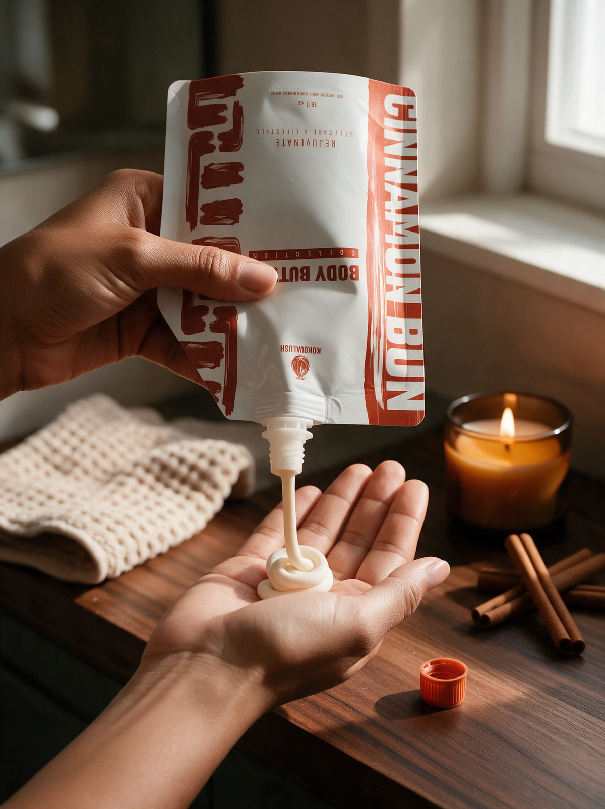 How to use: squeezing Cinnamon Bun body butter from the spout into your palm
