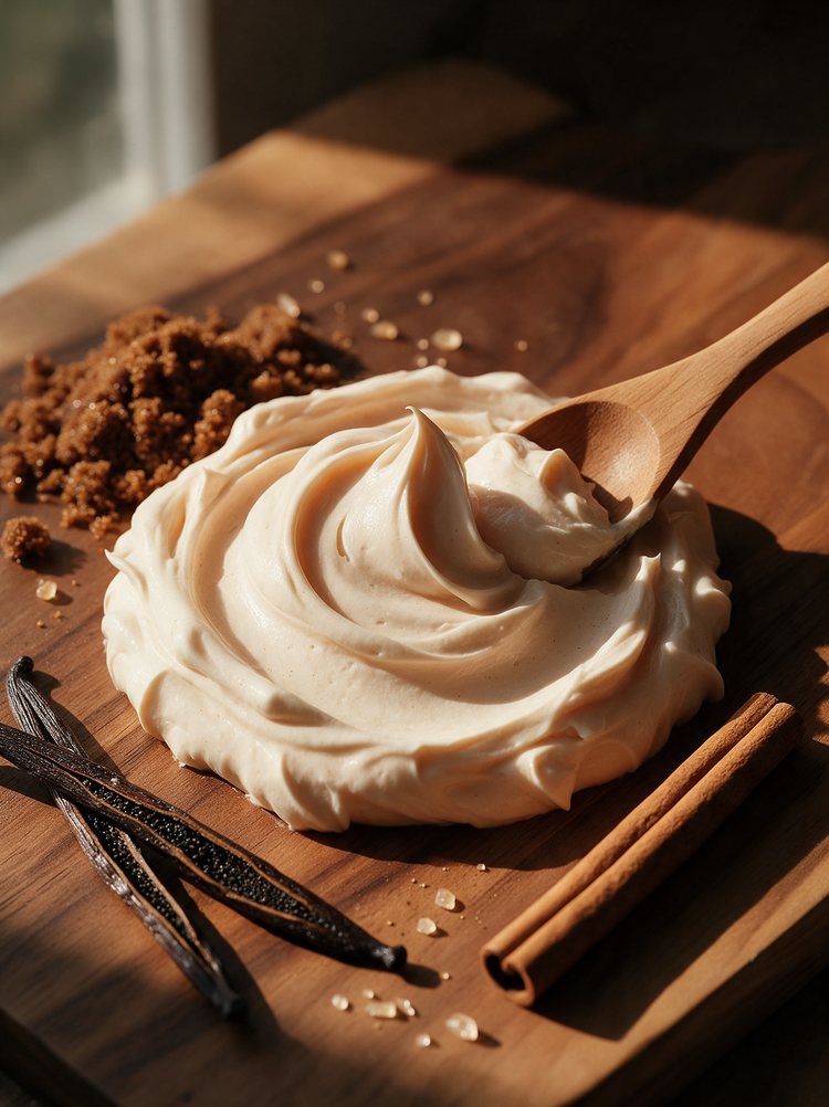 Fluffy whipped Brown Sugar Vanilla body butter swirl with brown sugar, vanilla beans and cinnamon