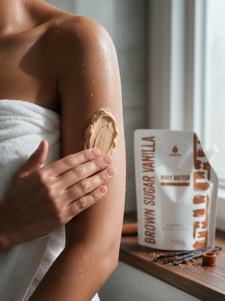 How to use: smoothing Brown Sugar Vanilla body butter onto damp skin after a shower