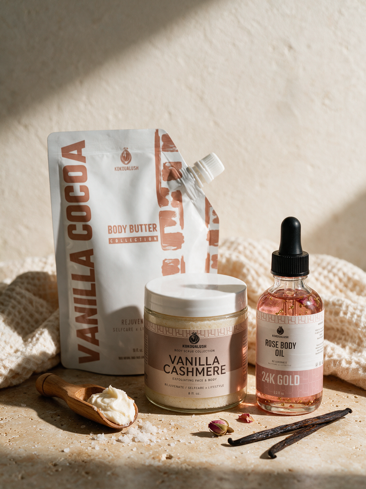 Dry Skin Rescue Kit — Vanilla Cashmere body scrub, Vanilla Cocoa body butter and 24K Gold Rose body oil by Kokoualush